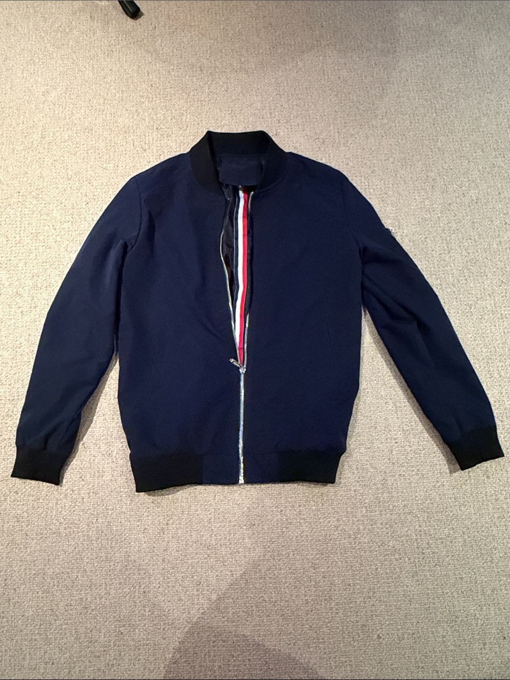 Vogue Men's Navy Bomber Jacket with Red-White Stripe Trim